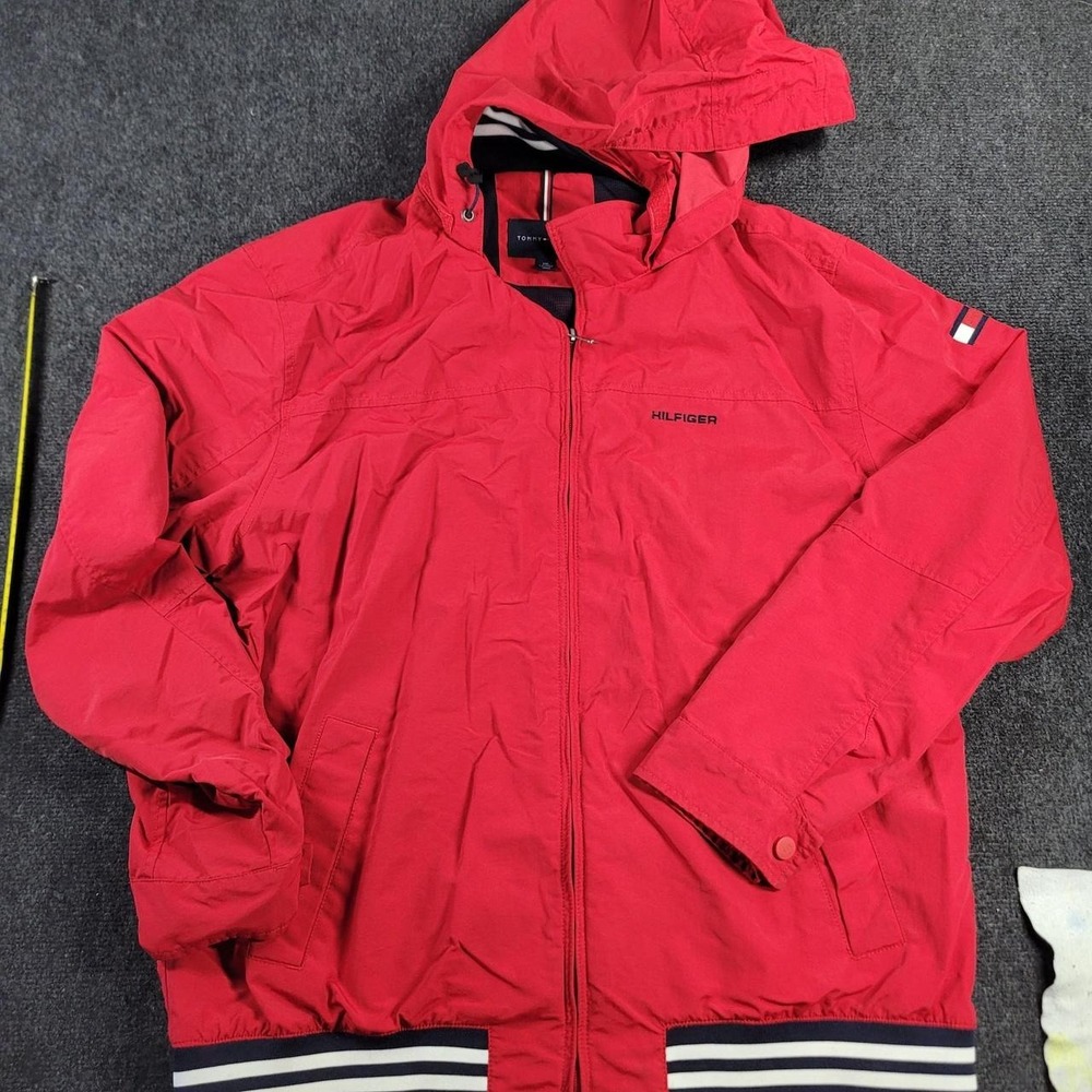 Vintage Tommy Hilfiger Mens Red Windbreaker Jacket Striped Hem XXL Hooded